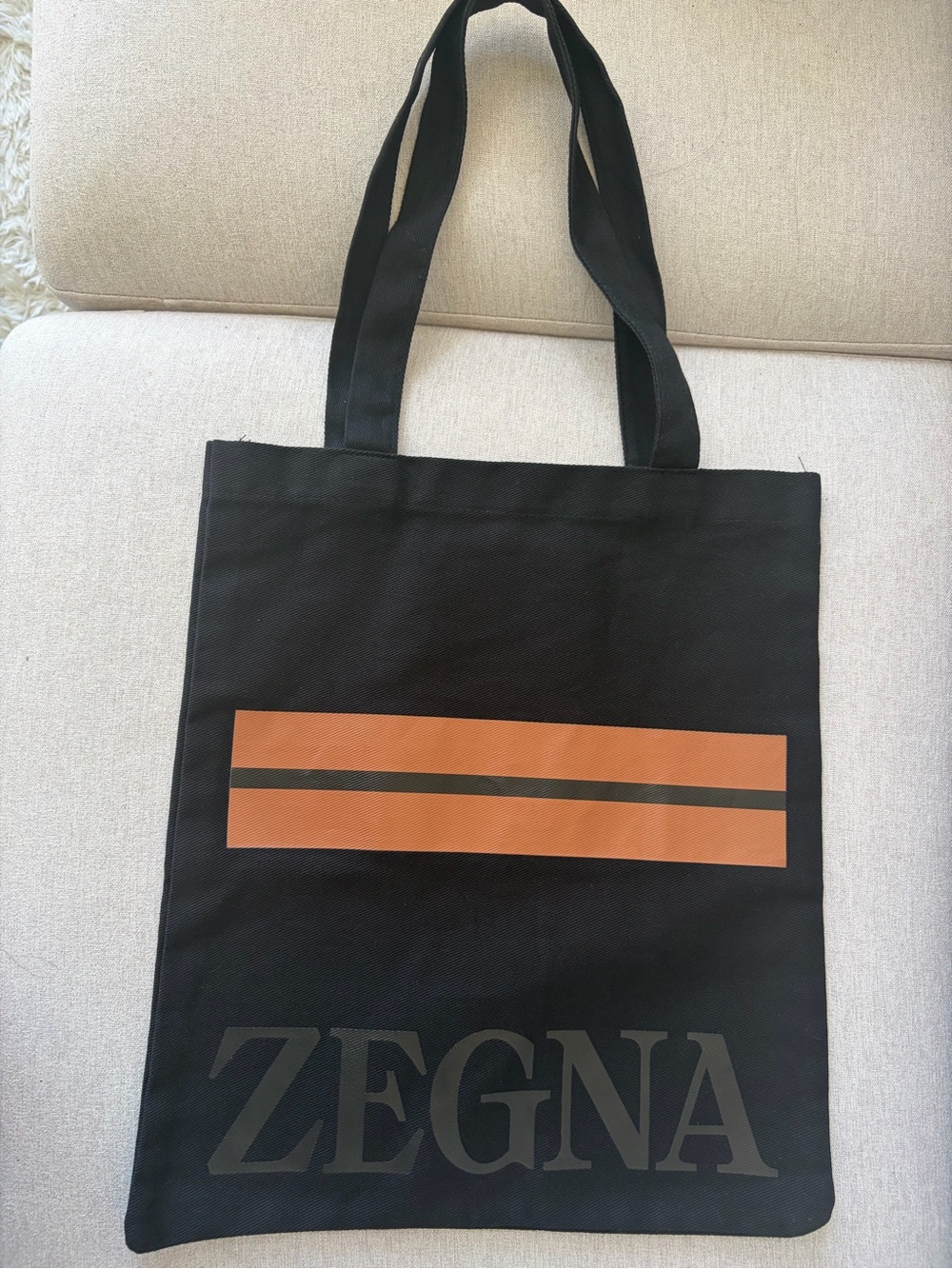 ZEGNA Black Canvas Tote Bag with Tan stripes